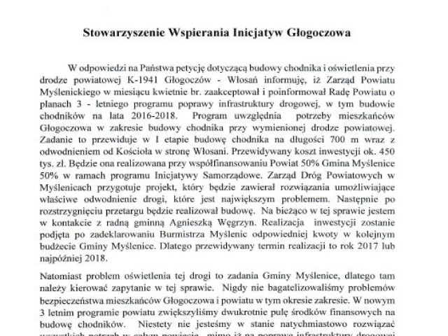 Odpowiedź Zarządu Powiatu Myślenickiego na Petycję